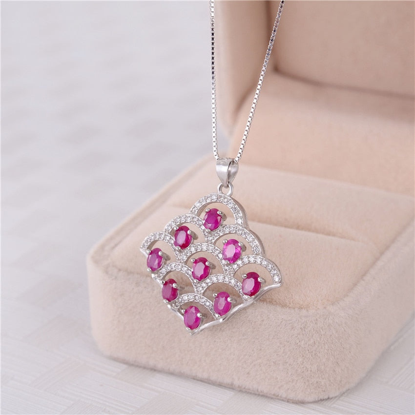 Almei Women 9pcs 0.3ct Ruby Pendant Folding Fan Shape Necklaces Large Pendants Jewelry for Wedding Engagement with Box CN020