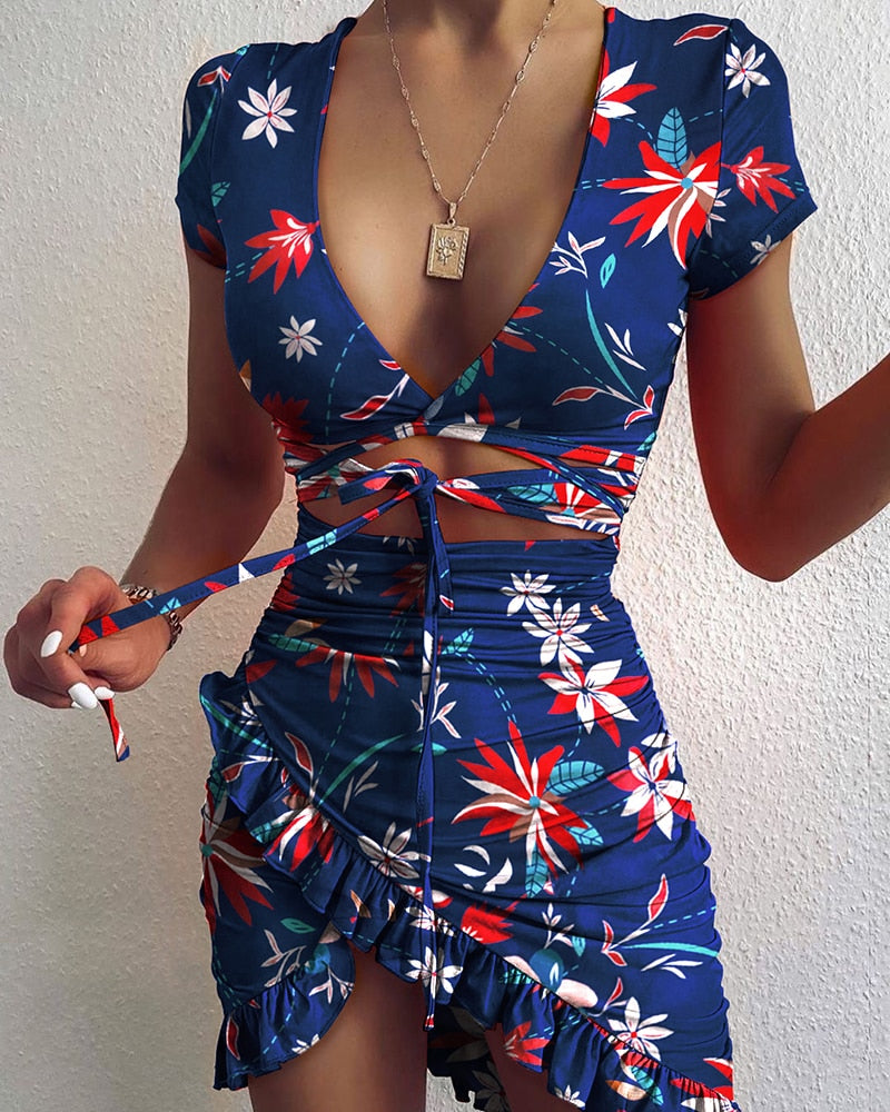 Cryptographic Floral Print Fashion Tie Up Wrap Mini Dress 2020 Summer Holiday Ruffles Sundress Ruched Women's Dress Short Sleeve|Dresses #3