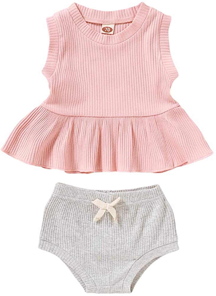 Newborn Baby Boys Girls Summer Outfits Infant Ribbed Knitted Cotton Short Sleeve T-Shirt + Shorts Two Piece Clothes Set