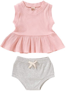 Newborn Baby Boys Girls Summer Outfits Infant Ribbed Knitted Cotton Short Sleeve T-Shirt + Shorts Two Piece Clothes Set