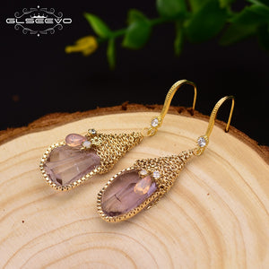 GLSEEVO Natural Ore Pink Crystal Dangle Earrings Hook Women Handmade Luxury Jewelry Boucles D'Oreilles Pour Les Femmes GE0313