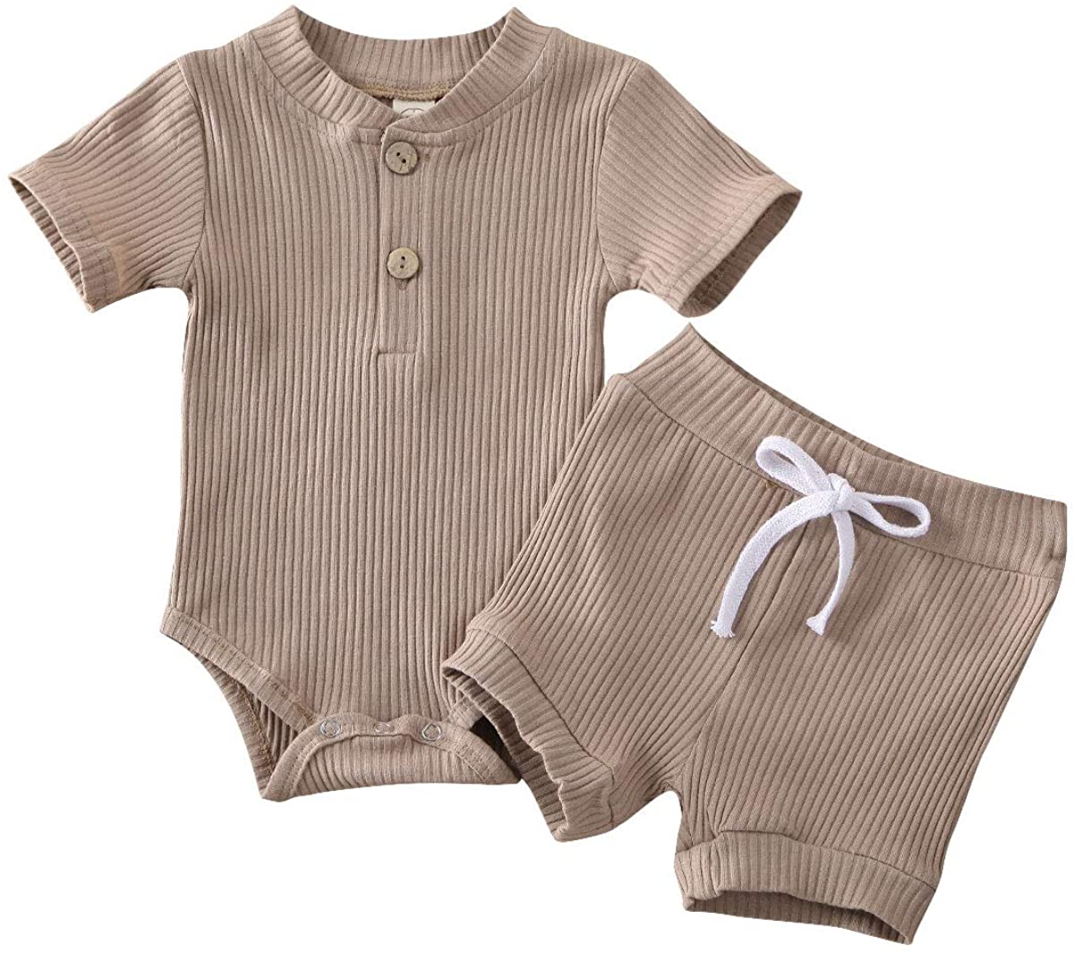 Newborn Baby Boys Girls Summer Outfits Infant Ribbed Knitted Cotton Short Sleeve T-Shirt + Shorts Two Piece Clothes Set