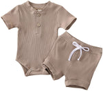 Load image into Gallery viewer, Newborn Baby Boys Girls Summer Outfits Infant Ribbed Knitted Cotton Short Sleeve T-Shirt + Shorts Two Piece Clothes Set
