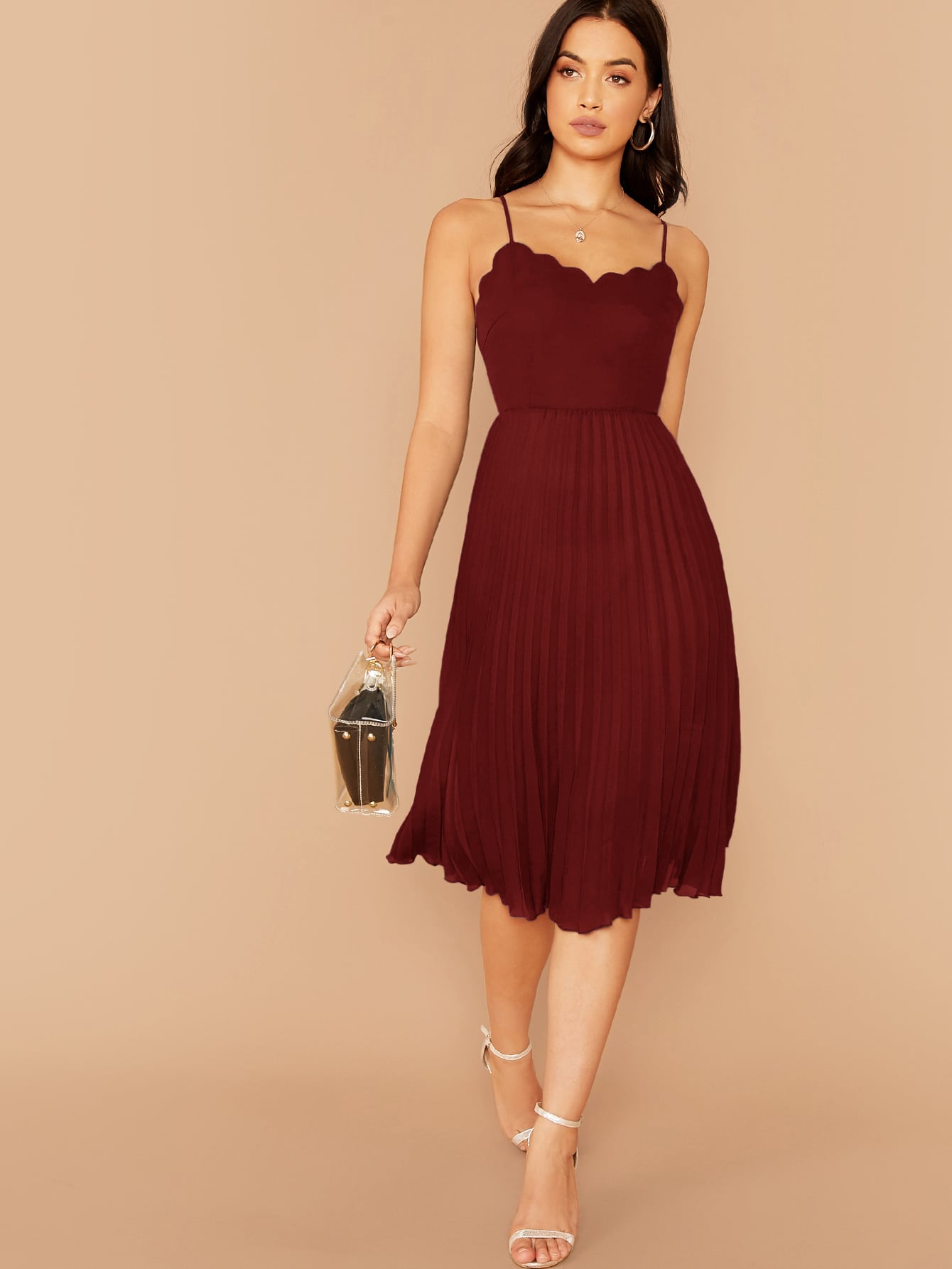  Scallop Trim Pleated Hem Cami Dress