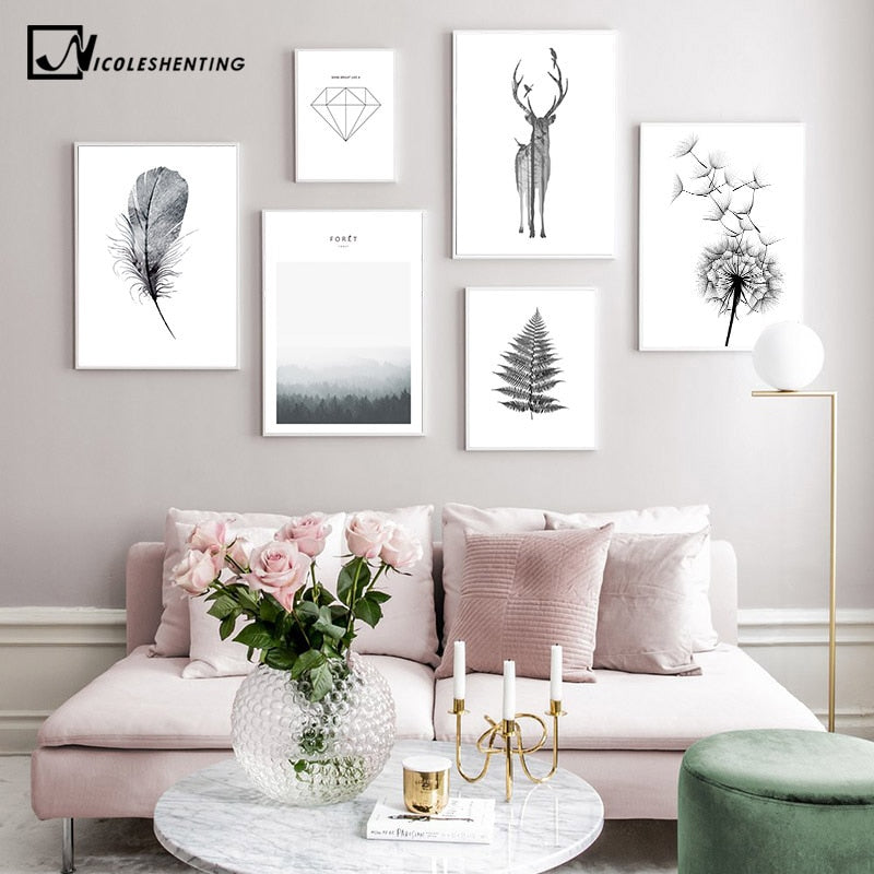 Scandinavian Poster Black White Deer Dandelion Nordic Style Wall Art Canvas Print Painting Decoration Picture Living Room Decor|Painting & Calligraphy