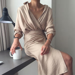 Load image into Gallery viewer, Women New Fashion Casual V Neck Solid Color Loose Long Sleeve Dress 2018
