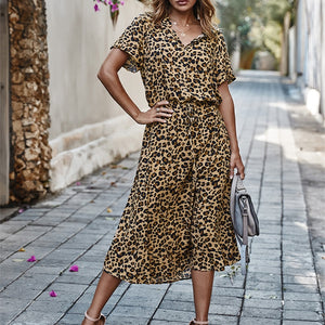 Ladies Bohemian Leopard Print Shirt Dress Women Casual Midi Holiday Summer Dress Female A line Loose Women Beach Dress Vestidos|Dresses|