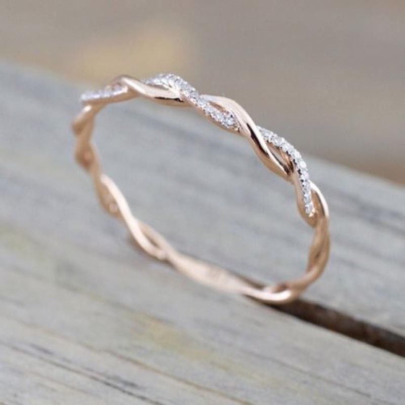 Fashion Women 14K Solid Rose Gold Stack Twisted Ring Wedding Party Women Jewelry