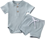 Load image into Gallery viewer, Newborn Baby Boys Girls Summer Outfits Infant Ribbed Knitted Cotton Short Sleeve T-Shirt + Shorts Two Piece Clothes Set
