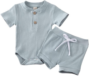 Newborn Baby Boys Girls Summer Outfits Infant Ribbed Knitted Cotton Short Sleeve T-Shirt + Shorts Two Piece Clothes Set