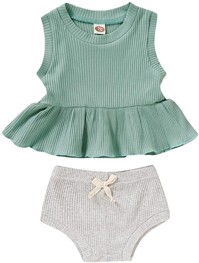 Newborn Baby Boys Girls Summer Outfits Infant Ribbed Knitted Cotton Short Sleeve T-Shirt + Shorts Two Piece Clothes Set