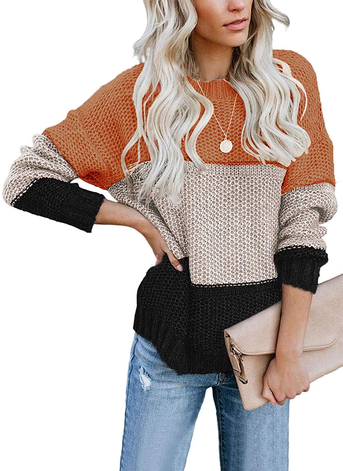 CANIKAT Women's Crewneck Color Block Striped Sweater Long Sleeve Loose Knit Pullover Jumper Tops