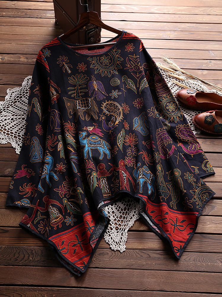 Vintage Women O-neck Printed Irregular Hem Shirts