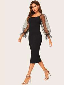  Dot Mesh Flounce Lantern Sleeve Pencil Dress