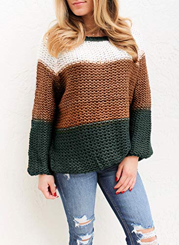 CANIKAT Women's Crewneck Color Block Striped Sweater Long Sleeve Loose Knit Pullover Jumper Tops