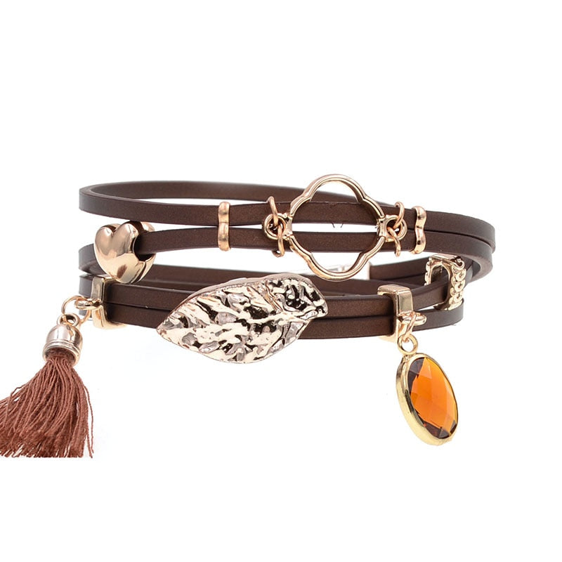 WELLMORE leather bracelets leaf crystal charm bracelets Bohemian bracelets for women party jewelry wholesale