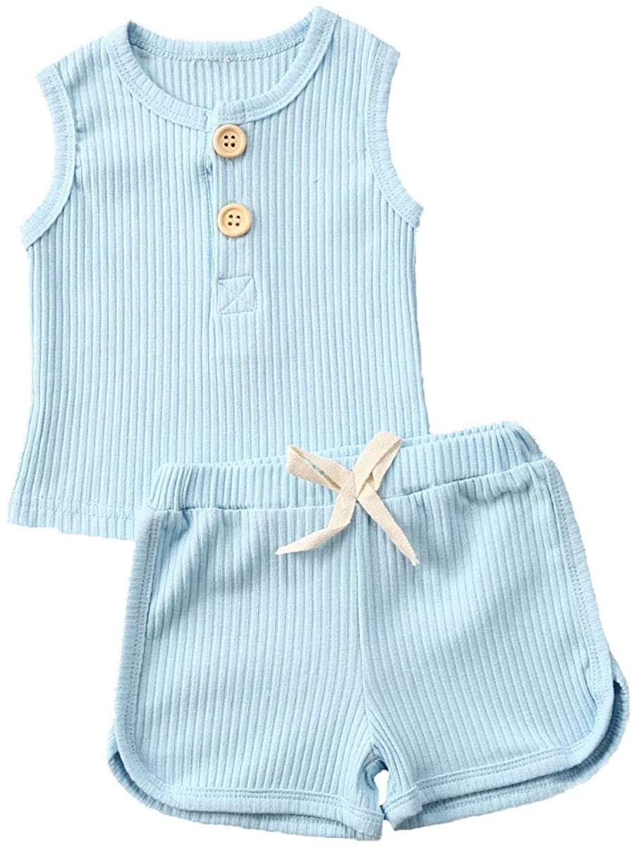 Newborn Baby Boys Girls Summer Outfits Infant Ribbed Knitted Cotton Short Sleeve T-Shirt + Shorts Two Piece Clothes Set