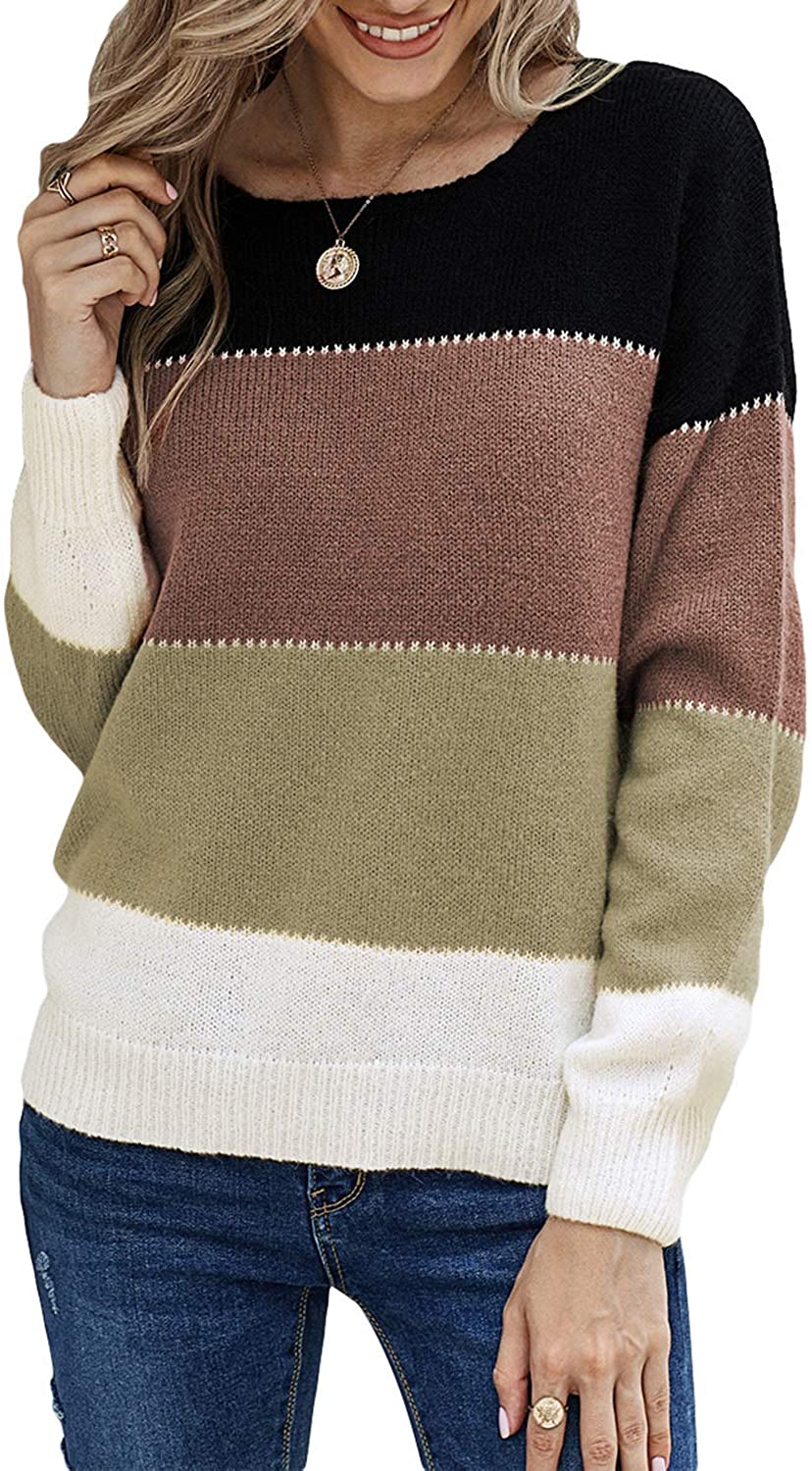 CANIKAT Women's Crewneck Color Block Striped Sweater Long Sleeve Loose Knit Pullover Jumper Tops