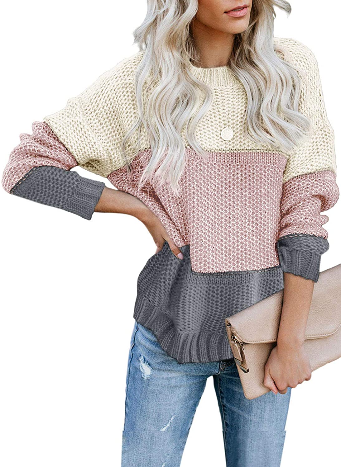 CANIKAT Women's Crewneck Color Block Striped Sweater Long Sleeve Loose Knit Pullover Jumper Tops