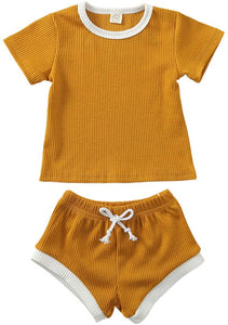 Newborn Baby Boys Girls Summer Outfits Infant Ribbed Knitted Cotton Short Sleeve T-Shirt + Shorts Two Piece Clothes Set