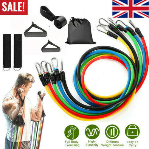 UK RESISTANCE BANDS WORKOUT EXERCISE YOGA 11 PIECE SET CROSSFIT FITNESS TUBES