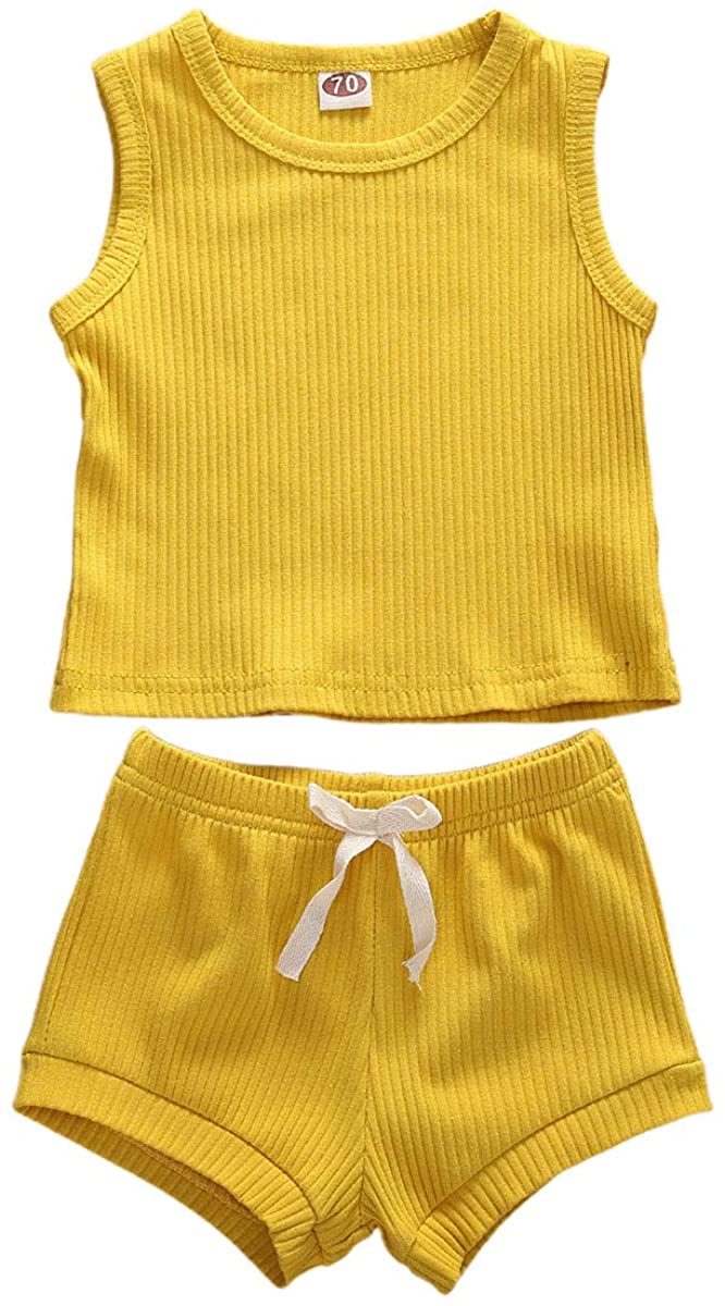 Newborn Baby Boys Girls Summer Outfits Infant Ribbed Knitted Cotton Short Sleeve T-Shirt + Shorts Two Piece Clothes Set