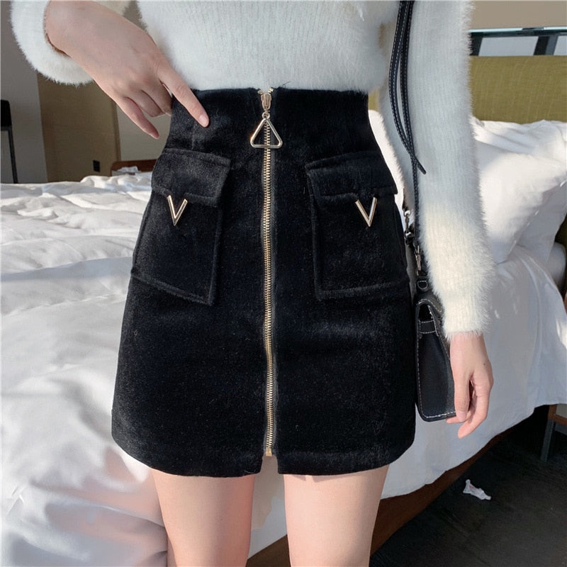 EACHIN Women High Waist Tweed Skirt Women Autumn Winter Fashion Front Zip Slim A Line Mini Skirt Female Sexy Korean Bottom Skirt|Skirts