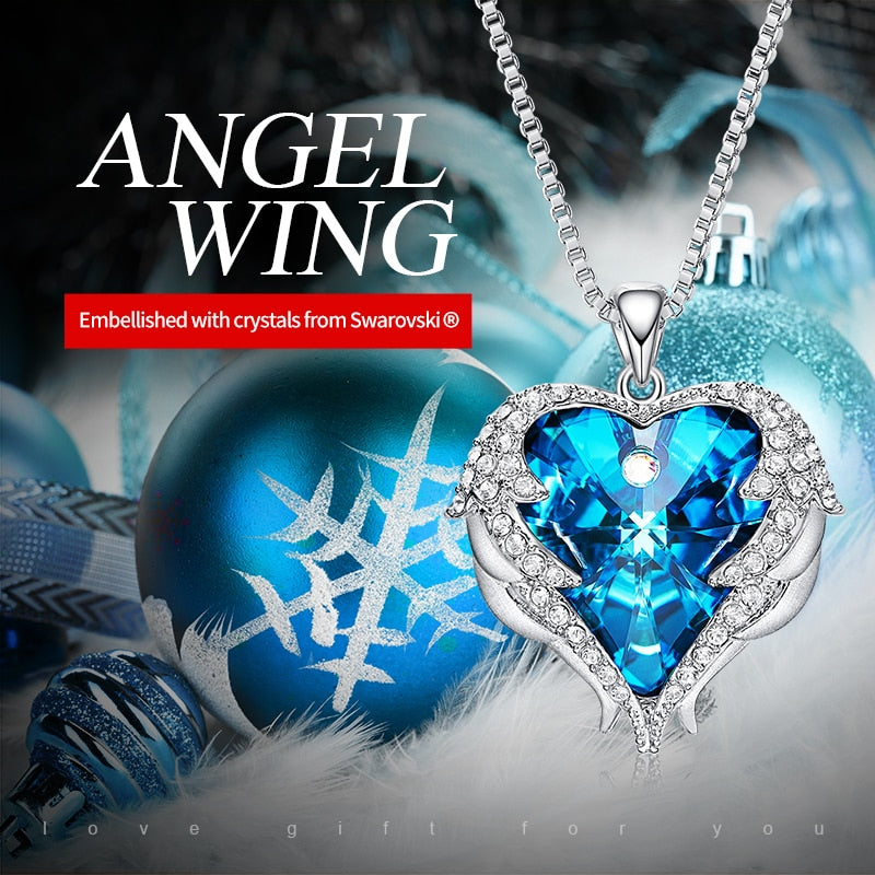 Cdyle Fashion Women Copper Material Necklace with Colorful Crystal Angel Wings Heart Pendant Necklace Birthday Party Gift