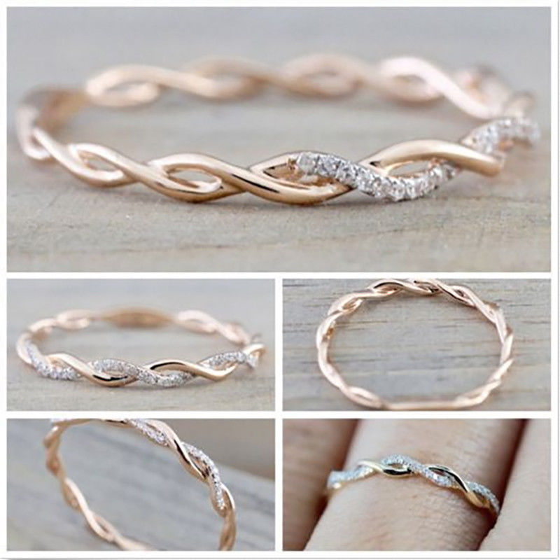 Fashion Women 14K Solid Rose Gold Stack Twisted Ring Wedding Party Women Jewelry