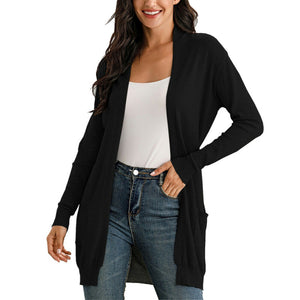 Women's Cardigan Long Sleeve Open Front Draped Sweater Rib Banded w/ Pockets