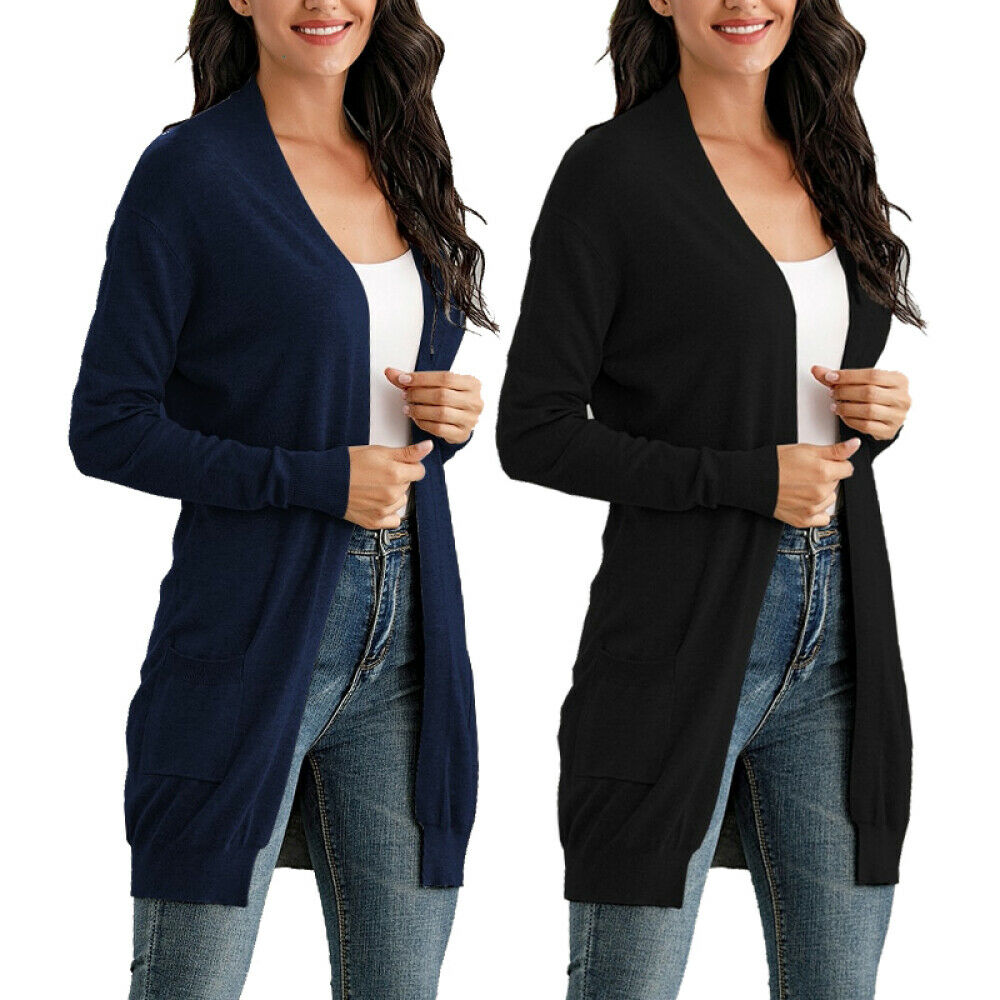 Women's Cardigan Long Sleeve Open Front Draped Sweater Rib Banded w/ Pockets