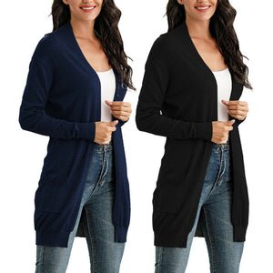 Women's Cardigan Long Sleeve Open Front Draped Sweater Rib Banded w/ Pockets