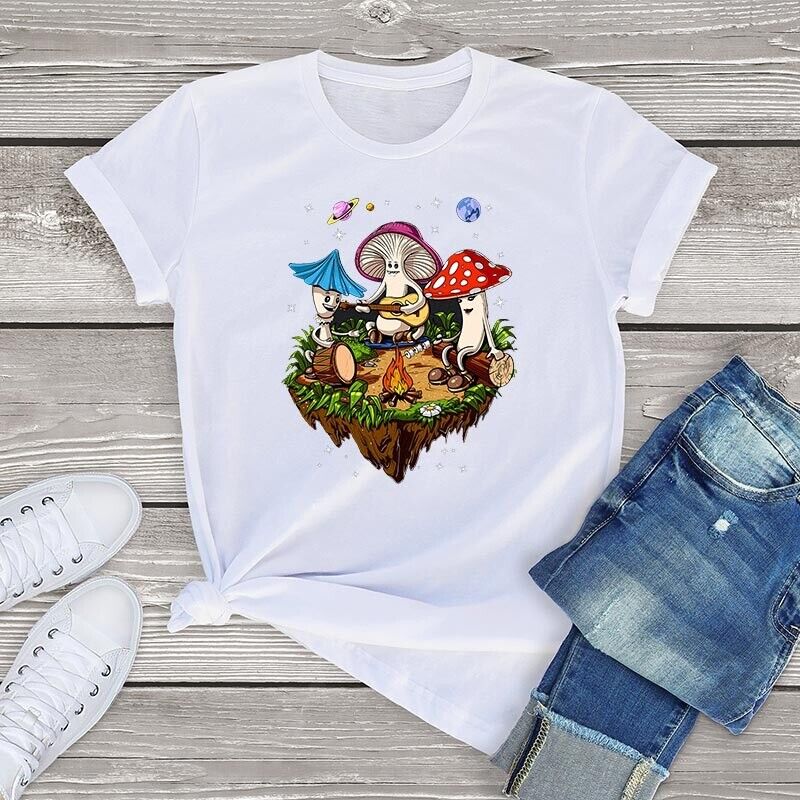 Psychedelic Forest Mushroom Tee Festival Summer Casual Oversized Camping T-shirt