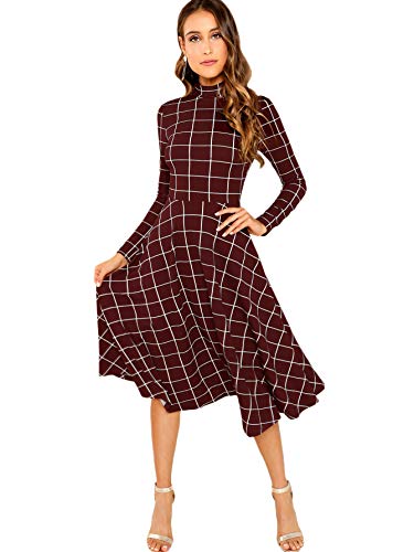 Floerns Women's High Neck Plaid Fit and Flare Midi Dress