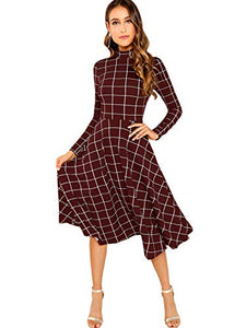 Floerns Women's High Neck Plaid Fit and Flare Midi Dress