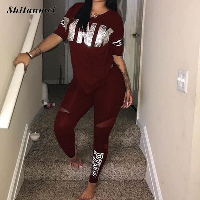 Women Set PINK Letter Print Sweatsuit Women Casual Plus Size Tops Skinny Pants Sweat Suit Two Piece Tracksuit 2 Piece Set S XXXL