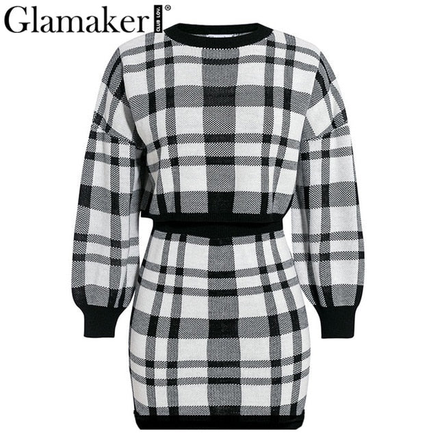 Glamaker Plaid knitted crop sexy autumn Dress women long sleeve winter sweater dress Sexy female fashion party mini dress 2020|Dresses