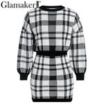 Load image into Gallery viewer, Glamaker Plaid knitted crop sexy autumn Dress women long sleeve winter sweater dress Sexy female fashion party mini dress 2020|Dresses
