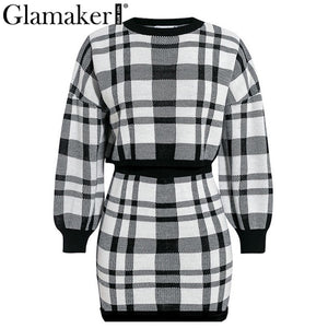 Glamaker Plaid knitted crop sexy autumn Dress women long sleeve winter sweater dress Sexy female fashion party mini dress 2020|Dresses