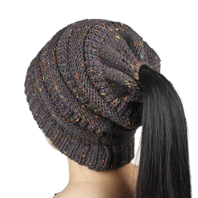 Women's Girl Stretch Knit Hat Messy Bun Ponytail Beanie Holey Warm Hats Winter