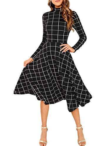 Floerns Women's High Neck Plaid Fit and Flare Midi Dress