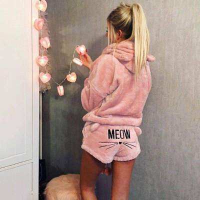 Women Coral Velvet Suit Two Piece Autumn Winter Pajamas Warm Sleepwear Cute Cat Meow Pattern Hoodies Shorts Set 2018 New