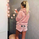 Load image into Gallery viewer, Women Coral Velvet Suit Two Piece Autumn Winter Pajamas Warm Sleepwear Cute Cat Meow Pattern Hoodies Shorts Set 2018 New
