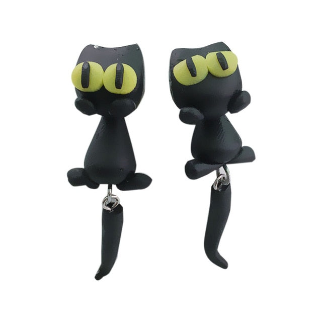 Handmade Polymer Clay 3D Black Cat Earrings