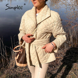 Simplee Long straight winter coat with rhombus pattern Casual sashes women parkas Deep pockets tailored collar stylish outerwear|Parkas|