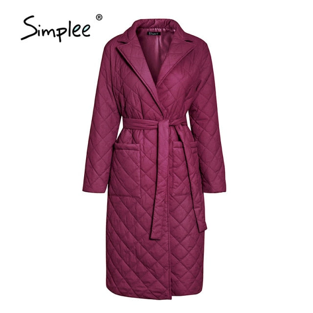 Simplee Long straight winter coat with rhombus pattern Casual sashes women parkas Deep pockets tailored collar stylish outerwear|Parkas|