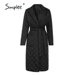 Load image into Gallery viewer, Simplee Long straight winter coat with rhombus pattern Casual sashes women parkas Deep pockets tailored collar stylish outerwear|Parkas|
