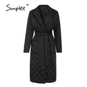 Simplee Long straight winter coat with rhombus pattern Casual sashes women parkas Deep pockets tailored collar stylish outerwear|Parkas|