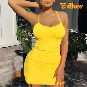 Sexy Spaghetti Strap Camisole Mini Dress Women Bodycon Club White Party Dresses 2022 Summer New Pure Color Sundress Платье - Dresses