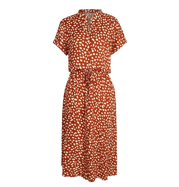 Ladies Bohemian Leopard Print Shirt Dress Women Casual Midi Holiday Summer Dress Female A line Loose Women Beach Dress Vestidos|Dresses|